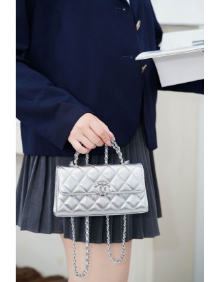 샤넬 25S 실버 켈리 탑 핸들 체인 핸드백