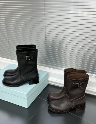 프라다 미드 카프 가죽 부츠